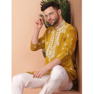 Mens Mustard Chikankari Embroidered Kurtas-S