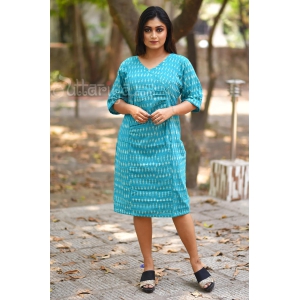 Ikkat dress in sea blue-M