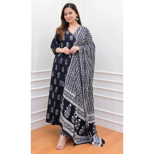 Women Block Printed Kurta Set with Dupatta In Black Color-L