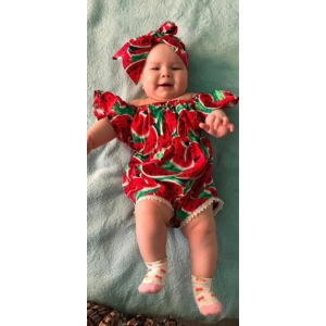 Watermelon Printed Romper With Headband Bow-6 to 12 Months