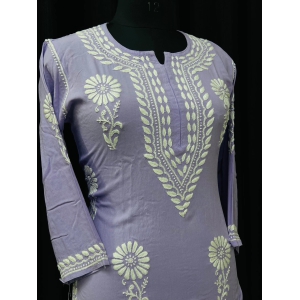 Chikankari Kurti-Purple / 40/L / Soft Pure Rayon