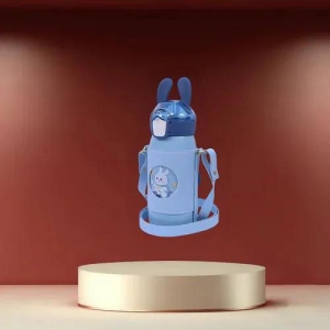 Cute Rabbit Ear Anti-Leak Cartoon Print Steel Water Bottle with sling strap For Kids 530ML-Blue
