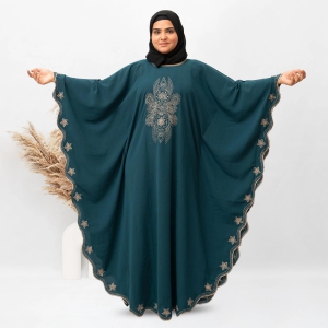 Round Border Embroidery Kaftan Abaya in Ramagreen Color With Hijab (031)-Free Size