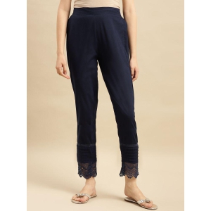 Rangita Women 100% Cotton Navy Blue Solid Calf Length Straight Pant - None