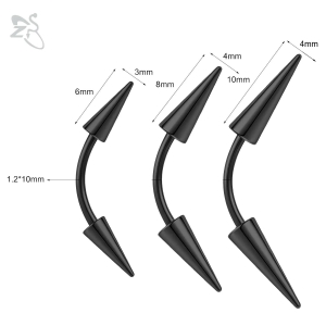 ZS 1PC 16G Spike Curved Barbell Eyebrow Ring Internally Threaded Eyebrow Stud Cone Rook Daith Piercing Black Color Lip Piercing-1.2x10mm 3 / 3x6mm