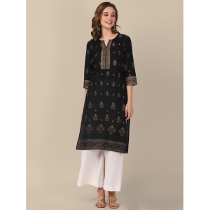 Rangita Women 100% Cotton Black Gold Printed Knee Length Straight Kurti - None