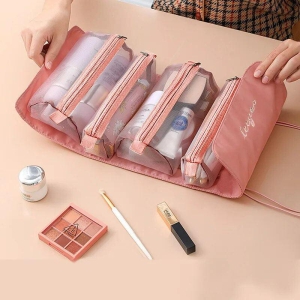 4 in 1 Folding Toiletry Hanging Roll-Up Makeup Bag (Pink)