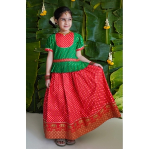 Girl Bandhani Pattu Pavdai-Green 6Y