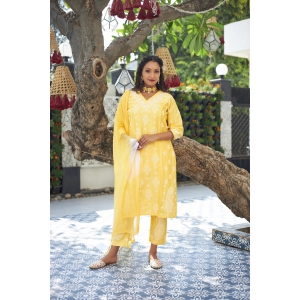 Soft Chanderi 3 pc Kurta set- Peach-Golden / XL