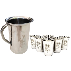 SHINI LIFESTYLE Steel floral design Jug and 6pc Laser floral design glass, jug glass set