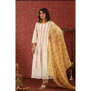 beautiful reyon suit set with detailing on neck and bandhej gold print dupatta it' s detailing and pattern (Copy)-XXXL