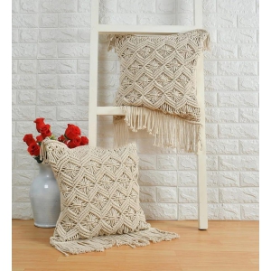 Macrame Cushion Cover, Zig Zag Lines Diamond Boxes, 18x18 inches, Pack of 1