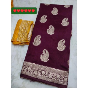 Dhola silk with beautiful rose zari waiving saree with contrast blouse-Brown