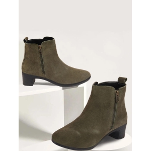 Women Olive Flared Heel Mid Top Suede Leather Zipper Closure Winter Chelsea Boots-4