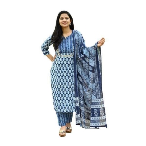 Monika Fashion Bagaru Print Straight Kurta and Dupatta Set with Gota Patti Embroidery in Yolk (Blue)