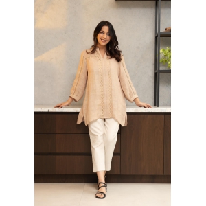 Beige Pure Linen Shirt with Lace Detailing-XL