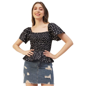 Moomaya Women Printed Cotton Short Sleeves Crop Top, Smocked Casual Peplum Top