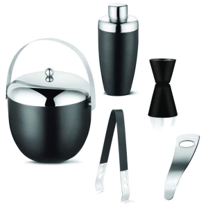 FnS 5 Pc Bar Set (Ice Bucket. Cocktail Shaker, Peg Measure, Ice Tong, Opener)