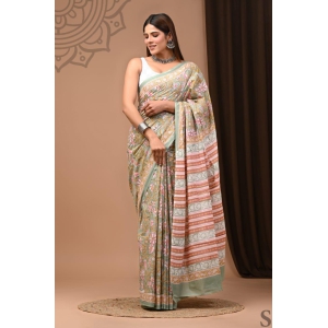 Mulmul Cotton Blockprinted Shining Olive Green Saree