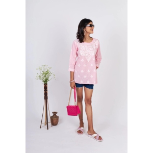 Linen Chikankari Top-Blue-Pink / S