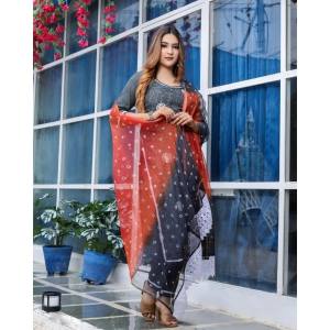 Elegant Kota Doria Grey Suit With Hand Bandhej Dupatta-38 (L)