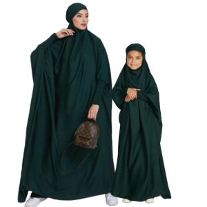 Mother and Daughter Matching Full Length Jilbab Abaya Bottle Green with Noise PC-XL Adult/Mother / XXL (Double XL): 11-12 Years Old / Dark Green