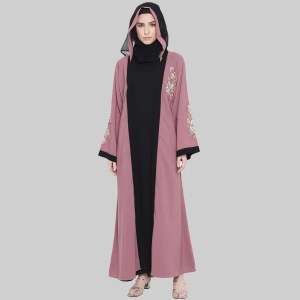 Beautiful Self Design Pink Black Sleeve Embroidery Shrug Crepe Abaya or Burqa With Hijab for Women & Girls_0871-M / Pink / Crepe