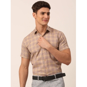 Indian Needle Men''s Cotton Checked Half Sleeve Formal Shirts-M / Brown