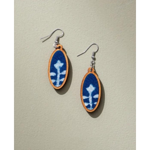 WHE Indigo Upcycled Fabric and Repurposed Wood Oval Earrings