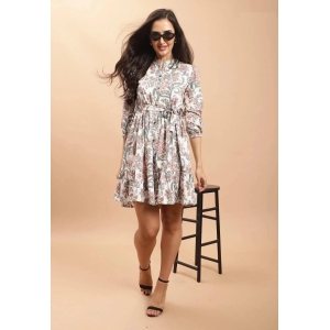 White Velly Printed Stylish Tunic Top With Belt-XL / White