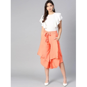 Women Off White & Peach-Coloured Ruffled Top with Layered Trousers