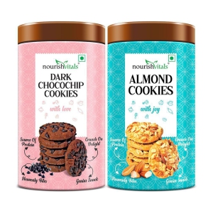 NourishVitals Dark Chocochip Cookies + Almond Cookies, Heavenly Bites, Source of Protein, Crunchy Delights, Genius Snack, 120g Each