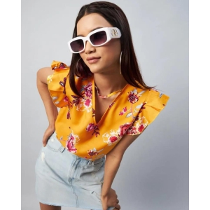 Women Crepe Yellow Flower Printed Ruffled Top-M