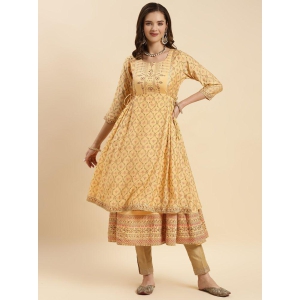 Rangita Women Yellow Silk Printed Calf Length Double Layered Kurti - None