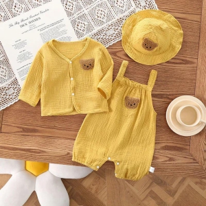 Baby Gauze Sleeveless Romper with Cardigan and Hat-Yellow / 12 to 18 Months