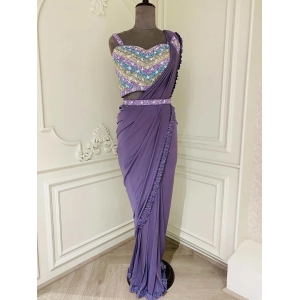 Lavender Dreams: Ready-to-Wear Saree with Intricate Embroidery-Yellow