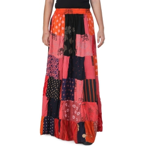 Coral Printed Long Boho Skirt from Gujarat with Patch Work