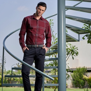 Wine Red Cotton Shirt With Broad Black Check-S