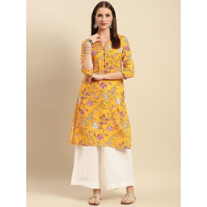 Rangita Women 100% Cotton Yellow Floral Printed Knee Length Straight Kurti - None