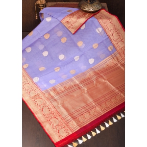 Lavender and Red Pure Organza Saree - Gorgeous Banarasi Kora Silk Saree  with Sona Rupa Kadhuwa motifs | SILK MARK CERTIFIED