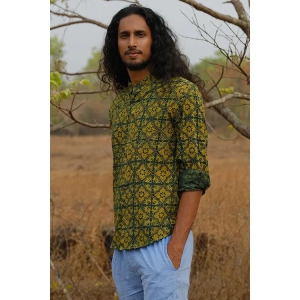 Okhai Grassland Pure Cotton Ajrakh Hand Block Printed Full Sleeves Shirt-XL