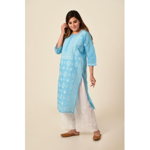 Ladies New Fashion Hand Chikankari Kurti Blue