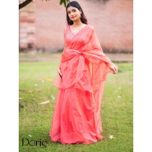 Peach Organza Pre Draped Saree Lehenga by Dorie