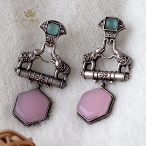 Azayaa World Pink (Mint Top) Elephant pair hexagon earring