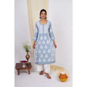 Modal Chikankari Nyra Kurti- Blue-Grey / XL