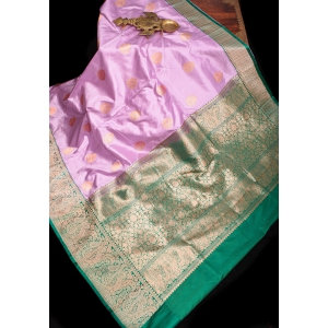 Thistle Banarasi Katan Silk Saree with Damask buttas and Rama Contrast | SILK MARK CERTIFIED