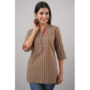 JAIPURETHNICWEAVESWomen's Cotton Cambric Block Print Straight Tunic (Beige)