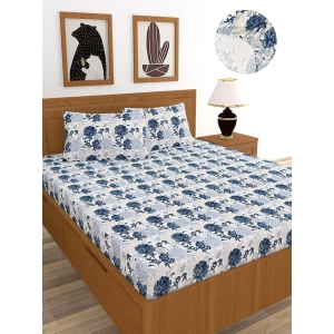 MORADO Premium Cotton Casement  Elastic Fitted Double Bedsheet with 2 Pillow Covers (72x78x6 inches, White Blue Flower)