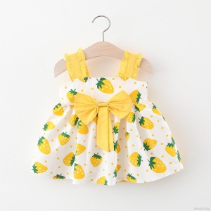 Kids Yellow Strawberry Stylish Strips Design Midi Frock Dress for Baby Girl.-6 Year-8 Year