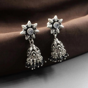 Real 925 Sterling Silver CZ Oxidized Jhumka Women Earrings